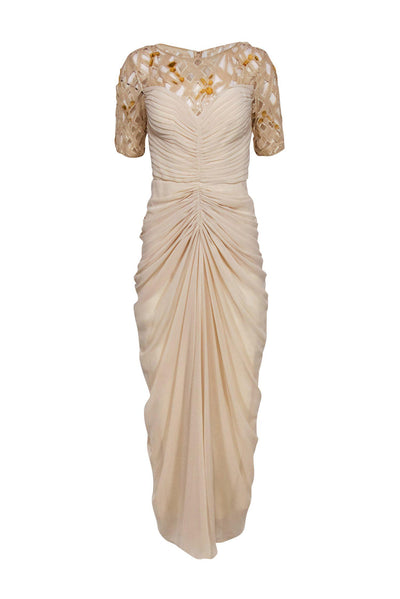 Current Boutique-Tadashi Shoji - Nude Ruched Gown w/ Sequin & Jeweled Laser Cut Top Sz 6