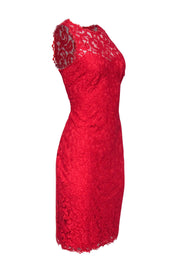 Current Boutique-Tadashi Shoji - Red Lace Illusion Neckline Sheath Dress Sz 6