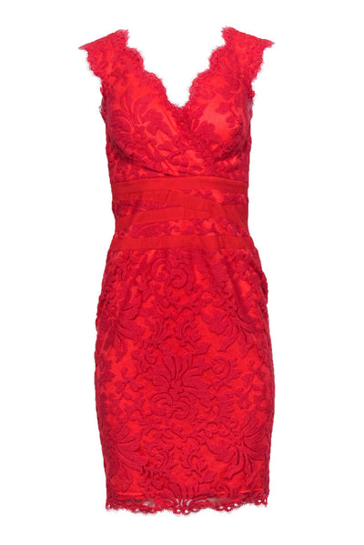 Current Boutique-Tadashi Shoji - Red Lace Sheath Cocktail Dress Sz 4