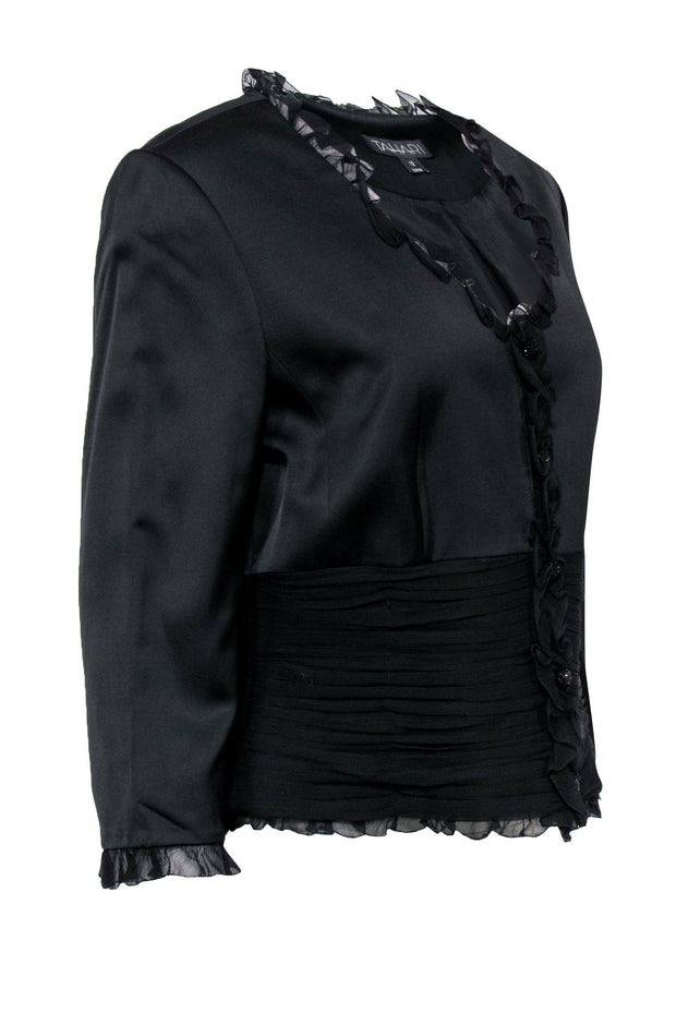 Current Boutique-Tahari - Black Ruffle Trim Jacket w/ Pleated Waist Sz 12