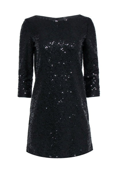 Current Boutique-Tahari - Black Sequin Shift Dress w/ Quarter Sleeves Sz XS