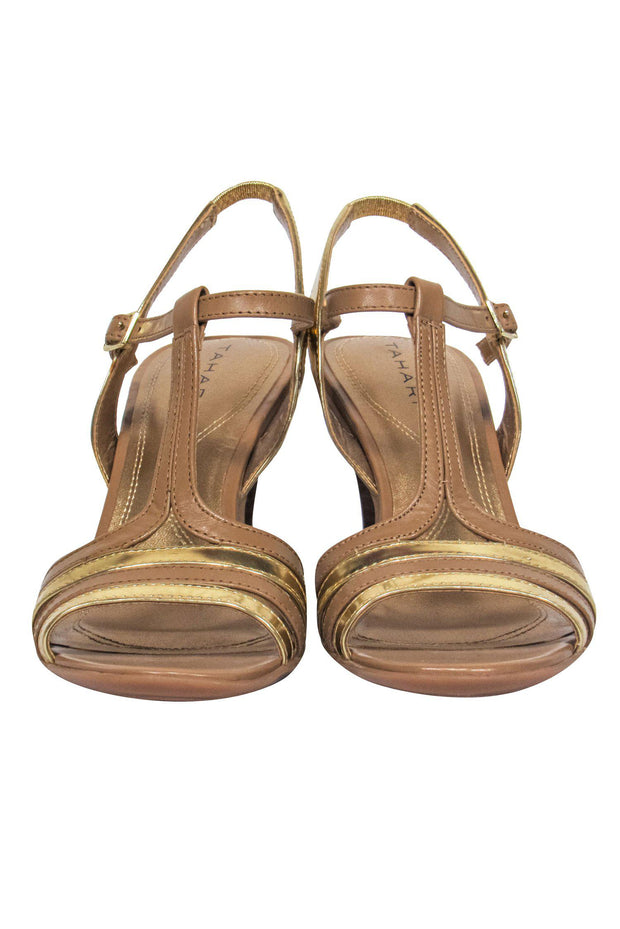 Current Boutique-Tahari - Tan & Gold Leather Strappy Pumps Sz 7.5