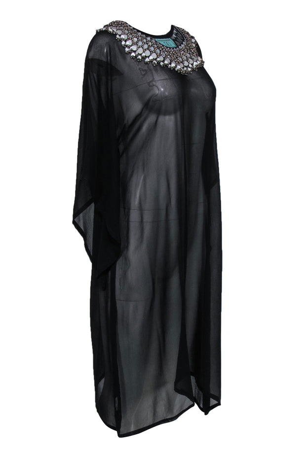 Current Boutique-Taj by Sabrina - Black Sheer Wide Sleeve Silk Midi Dress w/ Beaded Neckline Sz M