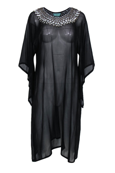 Current Boutique-Taj by Sabrina - Black Sheer Wide Sleeve Silk Midi Dress w/ Beaded Neckline Sz M