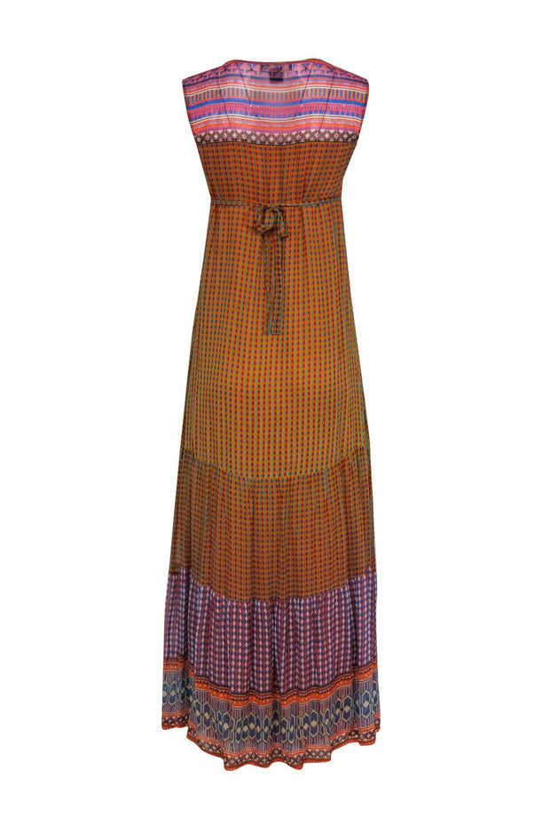 Current Boutique-Tanvi Kedia - Mustard & Multicolored Diamond Print Patchwork Maxi Dress w/ Beading Sz 0