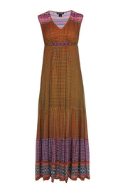 Current Boutique-Tanvi Kedia - Mustard & Multicolored Diamond Print Patchwork Maxi Dress w/ Beading Sz 0