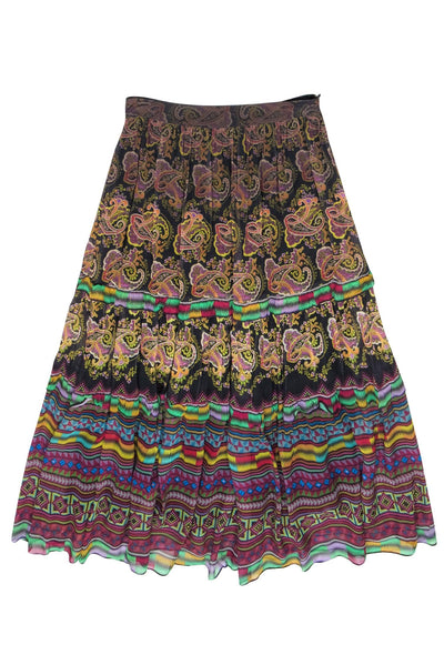 Current Boutique-Tanvi Kedia for Anthropologie - Black & Multicolor Paisley Print Tiered Skirt w/ Beading & Sequins Sz 4
