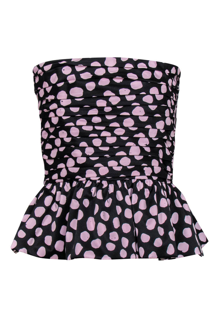 Tanya Taylor - Black & Pink Polka Dot Pleated Strapless 