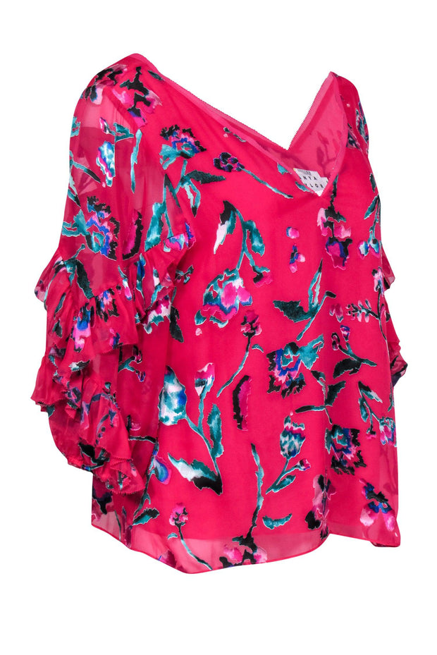 Current Boutique-Tanya Taylor - Hot Pink Velvet Floral Print Ruffled Quarter Sleeve Blouse Sz 6