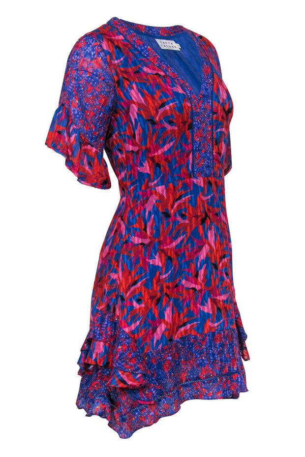 Current Boutique-Tanya Taylor - Red & Blue Leaf Printed Silk Blend Dress Sz 2