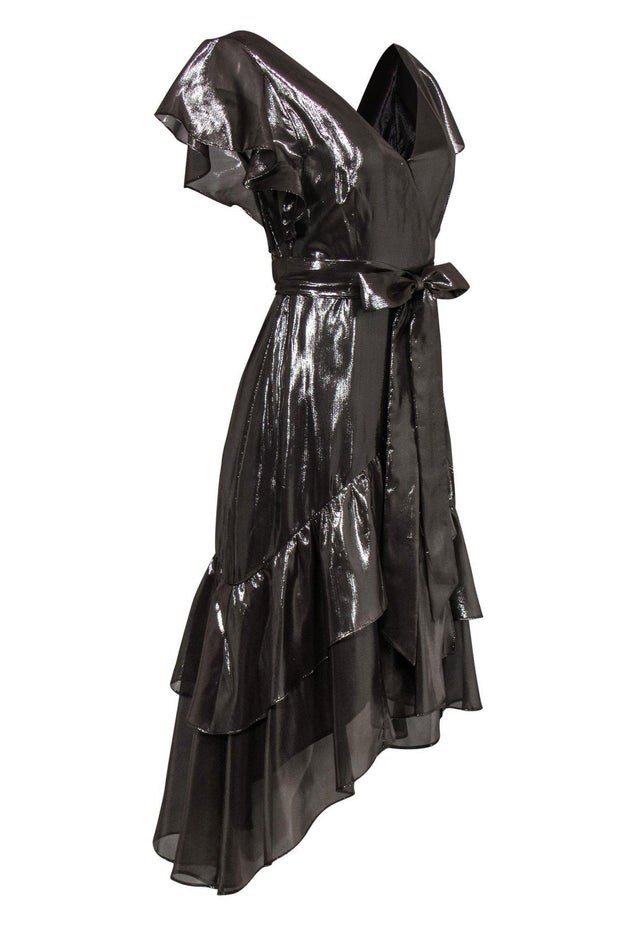 Current Boutique-Tanya Taylor - Silver Metallic Ruffle Short Sleeve Wrap Midi Dress Sz 2
