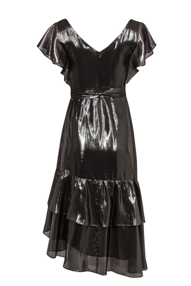 Current Boutique-Tanya Taylor - Silver Metallic Ruffle Short Sleeve Wrap Midi Dress Sz 2