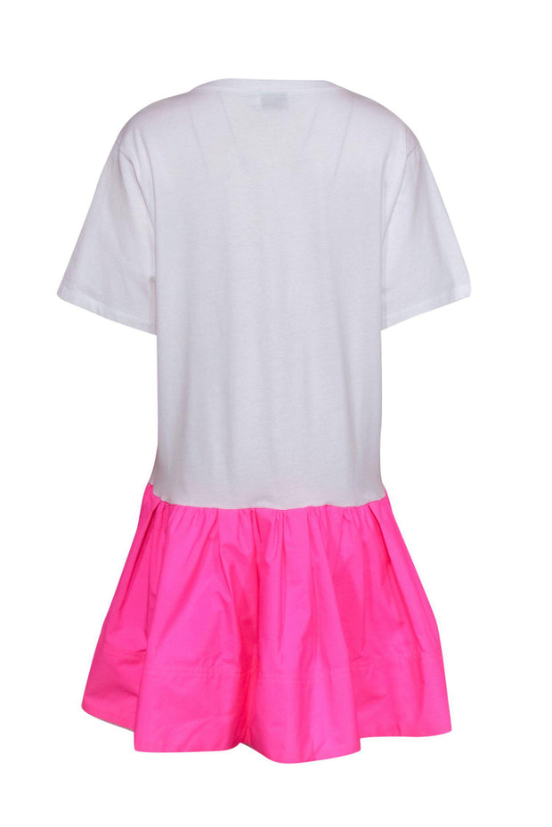 Current Boutique-Tanya Taylor - White Short Sleeve T-Shirt Dress w/ Hot Pink Peplum Hem Sz L
