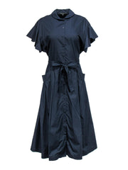 Current Boutique-Tara Jarmon - Navy Button-Up Midi Dress w/ Tie Sz 14