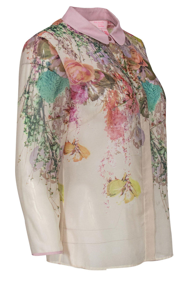 Current Boutique-Ted Baker - Beige & Blush Floral Print Long Sleeve Sheer Button-Up Blouse Sz 6