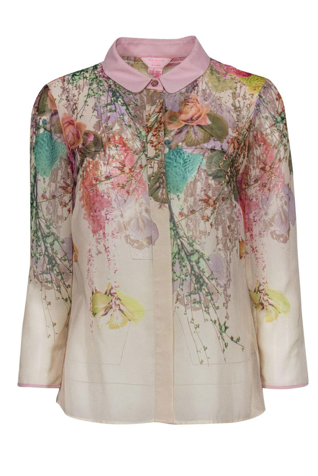 Current Boutique-Ted Baker - Beige & Blush Floral Print Long Sleeve Sheer Button-Up Blouse Sz 6