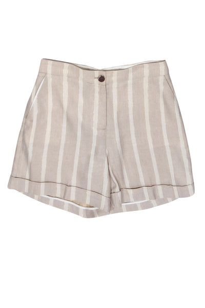 Current Boutique-Ted Baker - Beige, White & Gold Striped High Waisted Shorts Sz 6