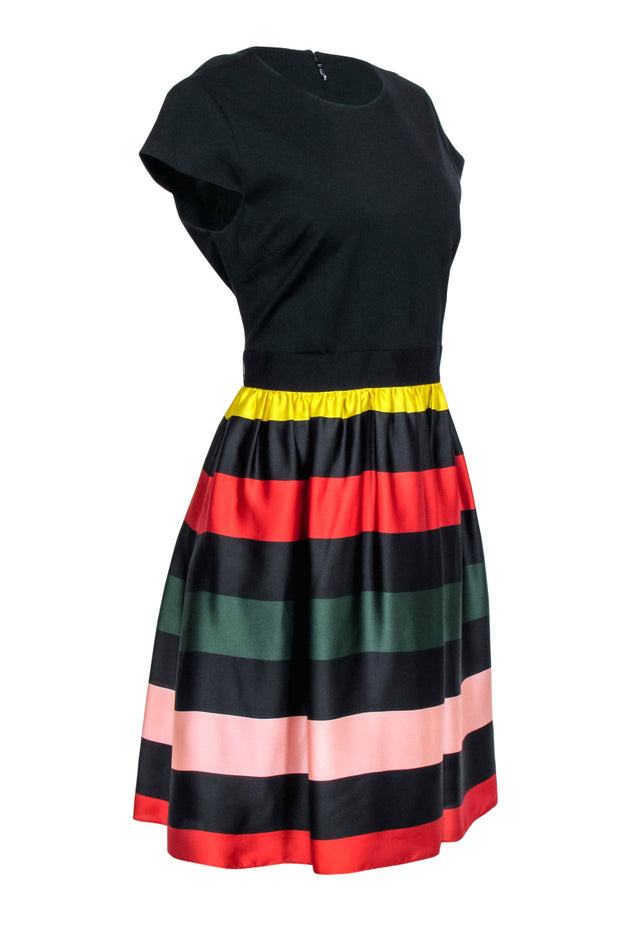 Current Boutique-Ted Baker – Black Cap Sleeve Dress w/ Satin Striped Skirt Sz 10