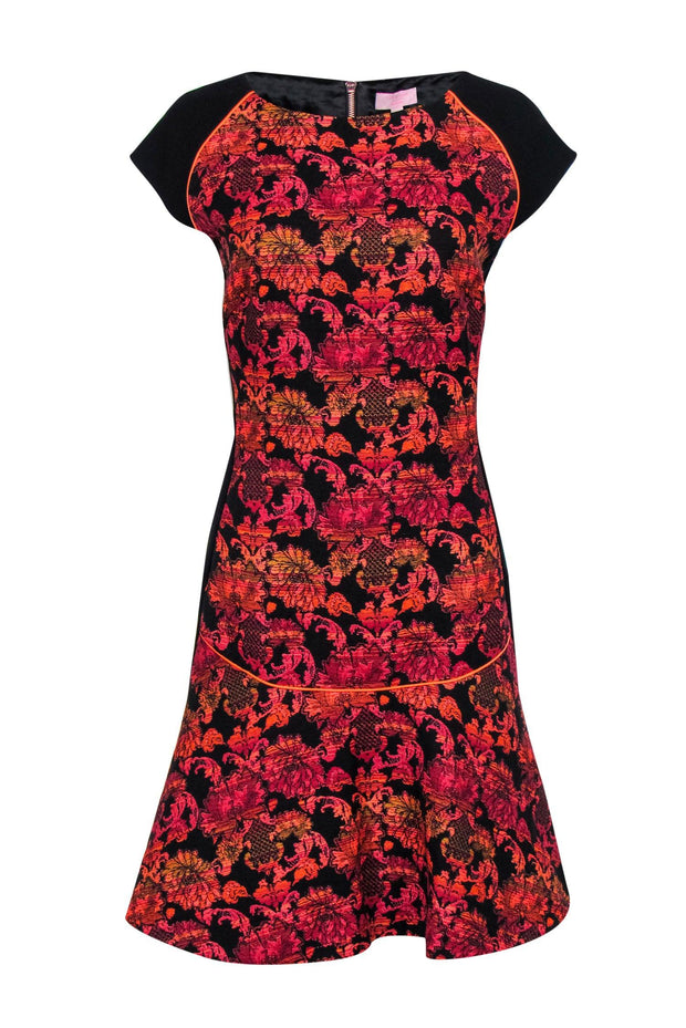 Current Boutique-Ted Baker - Black & Floral Jacquard Drop Waist Dress Sz 12