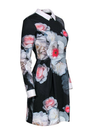 Current Boutique-Ted Baker - Black Floral Print Long Sleeve Fit & Flare Dress w/ Collar Sz 4