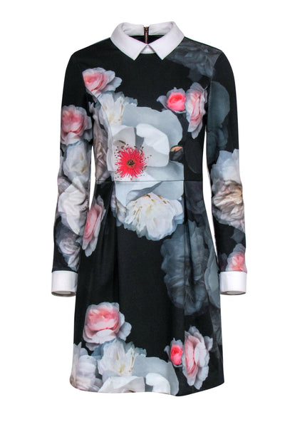 Current Boutique-Ted Baker - Black Floral Print Long Sleeve Fit & Flare Dress w/ Collar Sz 4