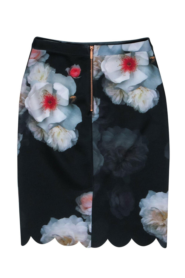 Current Boutique-Ted Baker - Black Floral Print Pencil Skirt w/ Scalloped Hem Sz 6