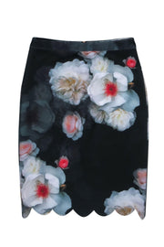 Current Boutique-Ted Baker - Black Floral Print Pencil Skirt w/ Scalloped Hem Sz 6