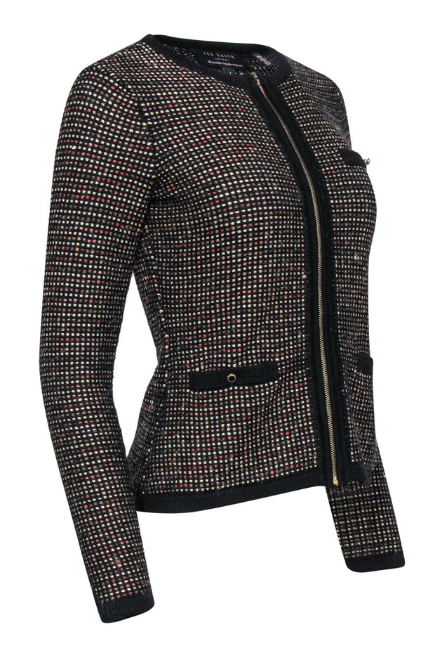 Current Boutique-Ted Baker - Black & Gold Patterned Knit Zip-Up Jacket Sz 4