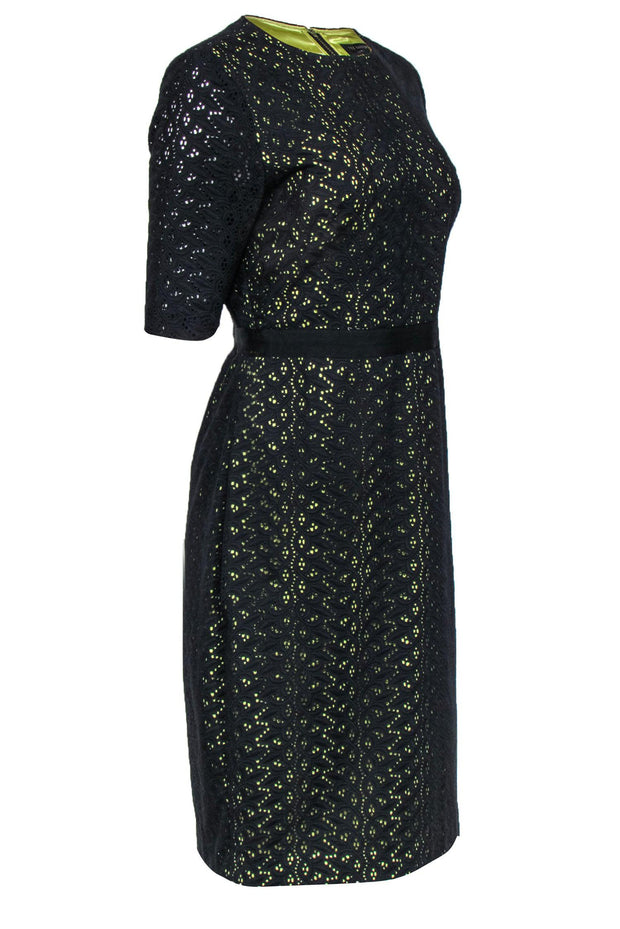 Current Boutique-Ted Baker - Black Lace Midi Dress w/ Chartreuse Underlay Sz 8