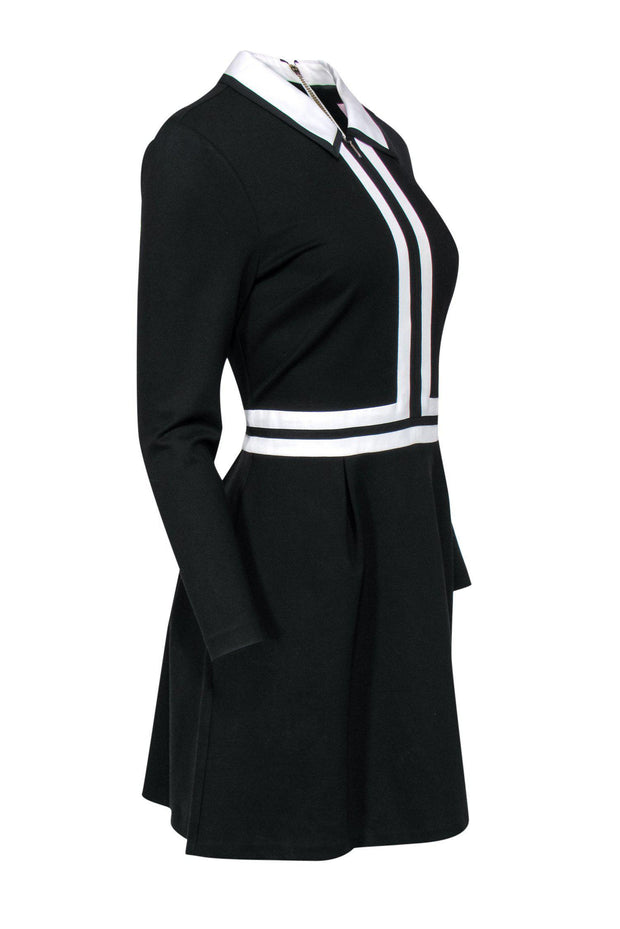 Current Boutique-Ted Baker - Black Long Sleeve Fit & Flare Dress w/ White Trim & Collar Sz 8