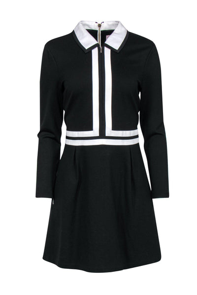 Current Boutique-Ted Baker - Black Long Sleeve Fit & Flare Dress w/ White Trim & Collar Sz 8