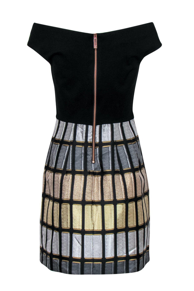 Current Boutique-Ted Baker - Black Off-the-Shoulder Fit & Flare Dress w/ Gold & Grey Metallic Printed Skirt Sz 4