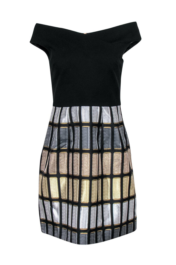 Current Boutique-Ted Baker - Black Off-the-Shoulder Fit & Flare Dress w/ Gold & Grey Metallic Printed Skirt Sz 4