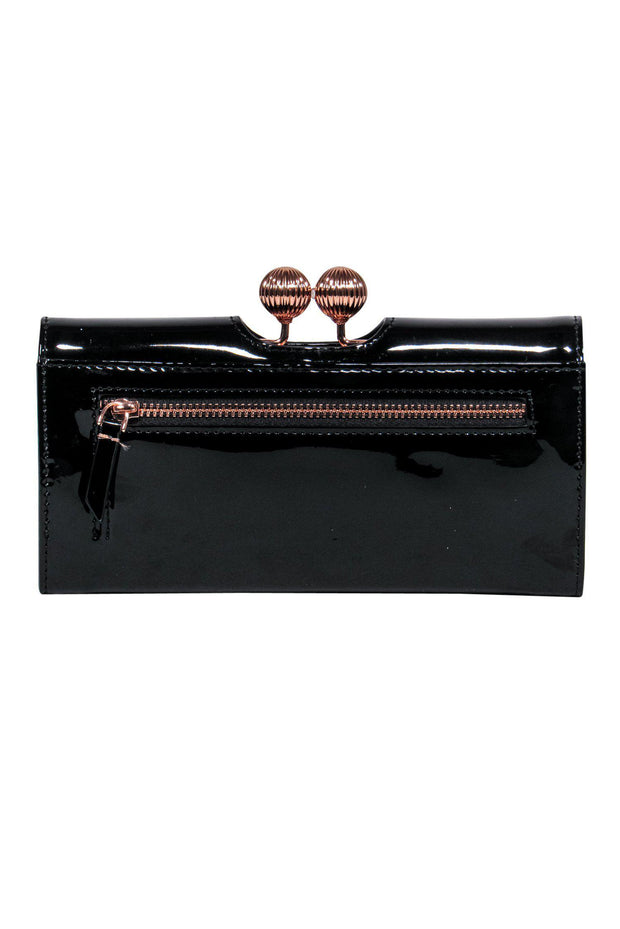 Current Boutique-Ted Baker - Black Patent Flap Wallet w/ Rose Gold Clasp