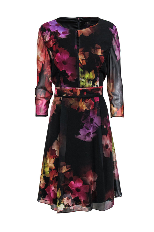 Current Boutique-Ted Baker - Black Sheath Dress w/ Multicolored Floral Print Sz 14