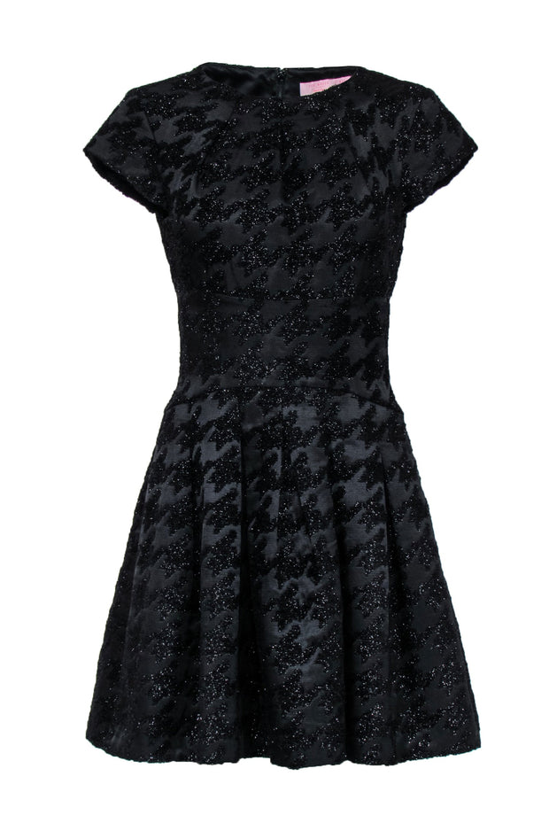 Current Boutique-Ted Baker - Black Stain Fit & Flare Cap Sleeve Cokatil Dress w/ Textured Sparkly Hounds-tooth Design Sz 4