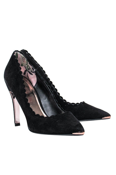 Current Boutique-Ted Baker - Black Suede Pointed Toe Heels w/ Rose Gold Trim Sz 9.5