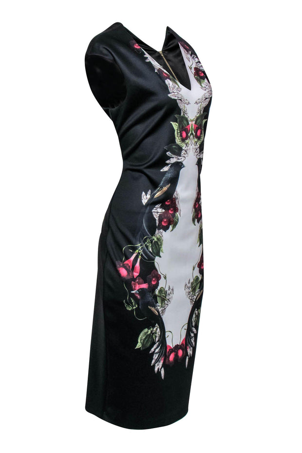 Current Boutique-Ted Baker - Black & White Floral & Bird Print Sleeveless Midi Dress Sz 12