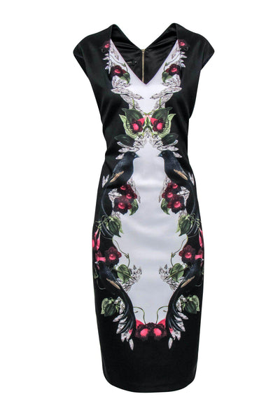 Current Boutique-Ted Baker - Black & White Floral & Bird Print Sleeveless Midi Dress Sz 12