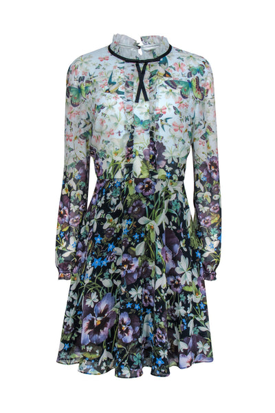 Current Boutique-Ted Baker - Blue Floral & Butterfly Print Fit & Flare Dress Sz 12