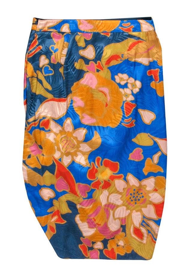 Current Boutique-Ted Baker - Blue & Multicolor Floral Print Ruched Midi Skirt Sz 6