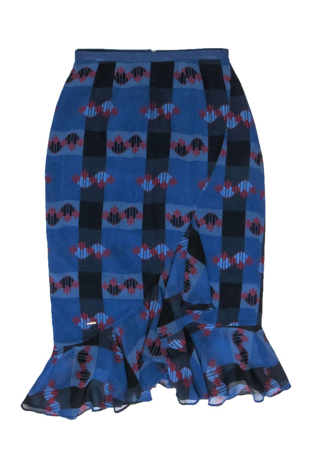 Current Boutique-Ted Baker - Blue, Navy, & Red Print Ruffle Skirt Sz 2