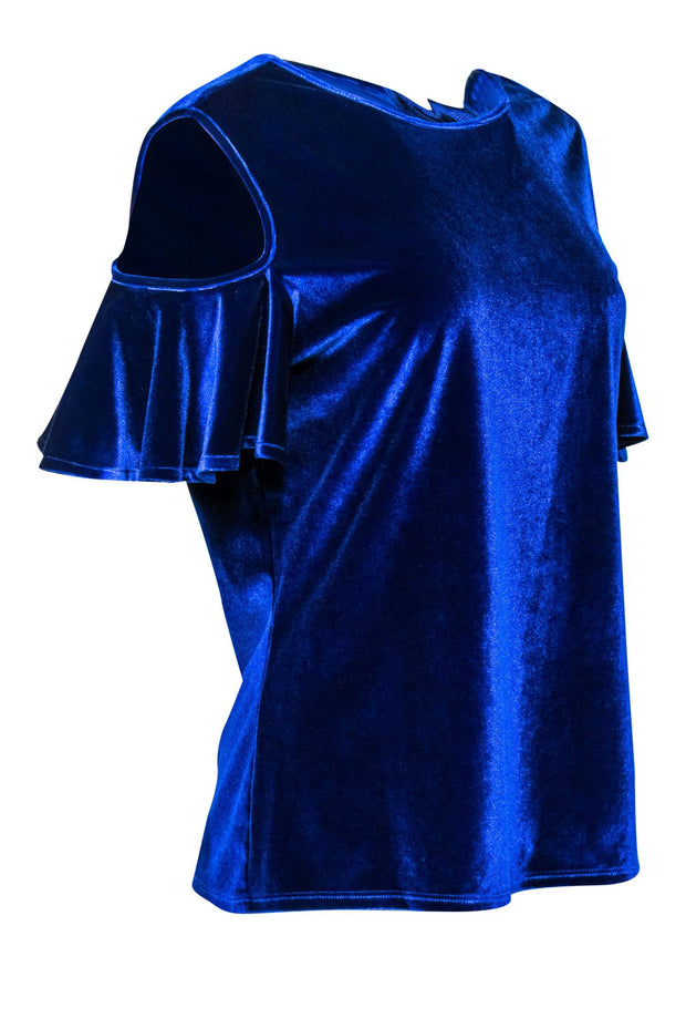 Current Boutique-Ted Baker - Cobalt Blue Ruffled Sleeve Velvet Cold Shoulder Top Sz 10