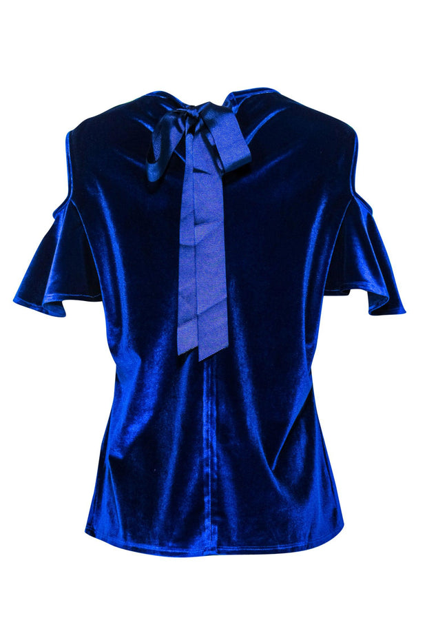 Current Boutique-Ted Baker - Cobalt Blue Ruffled Sleeve Velvet Cold Shoulder Top Sz 10
