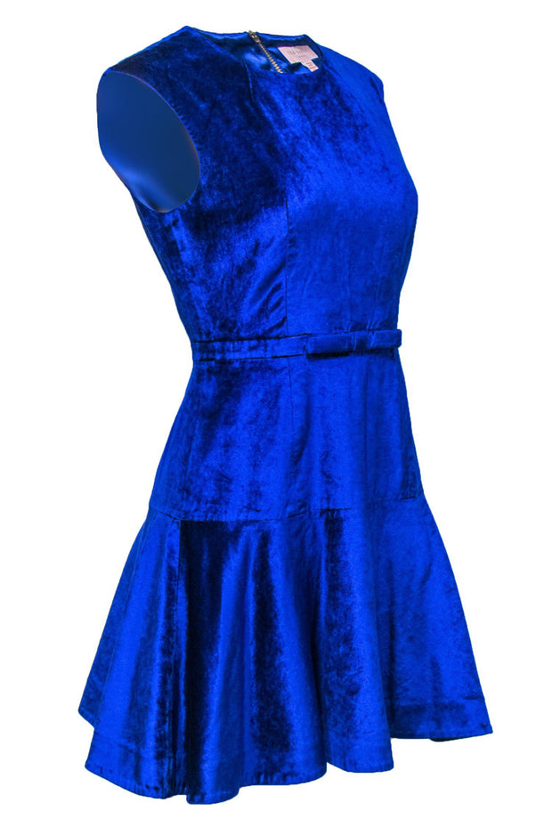 Current Boutique-Ted Baker - Cobalt Blue Velvet Fit & Flare Dress w/ Bow Waistband Sz 4