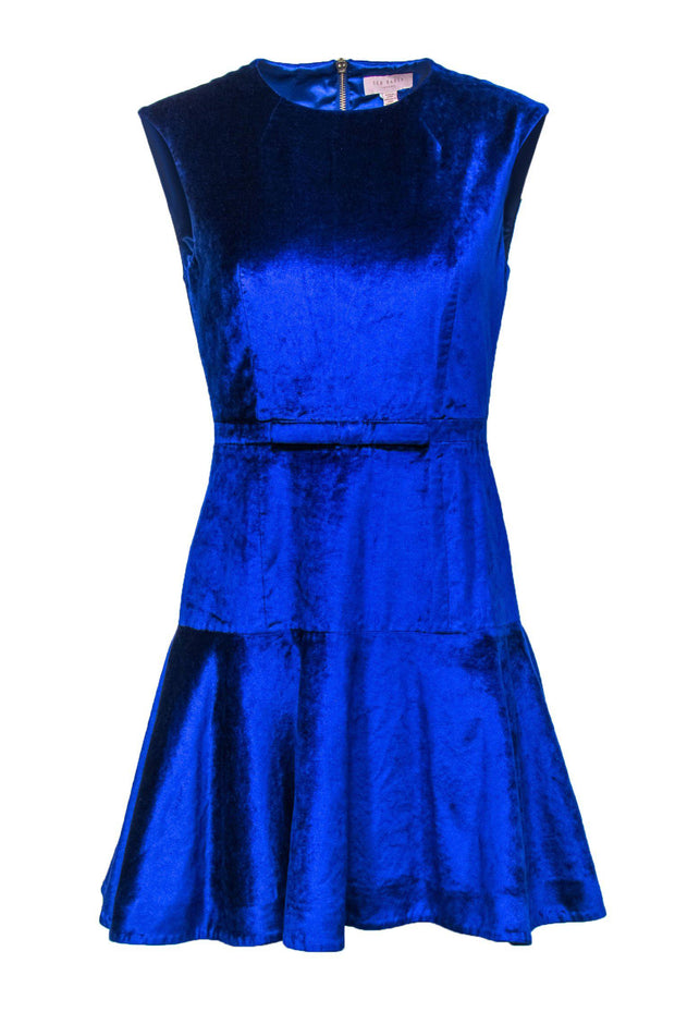 Current Boutique-Ted Baker - Cobalt Blue Velvet Fit & Flare Dress w/ Bow Waistband Sz 4