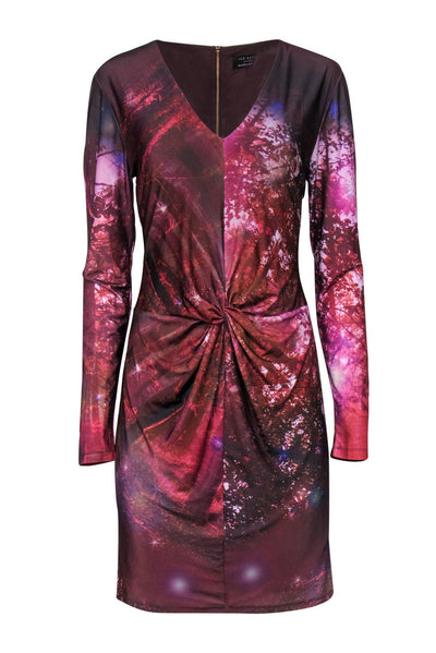 Current Boutique-Ted Baker - Dark Pink Forest Print Knotted-Waist Dress Sz 12
