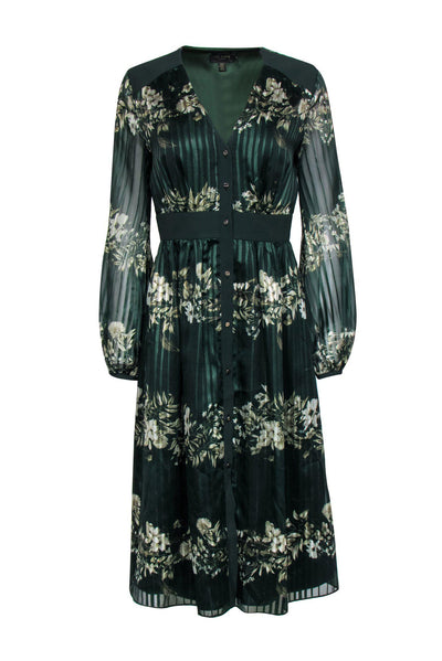 Current Boutique-Ted Baker - Emerald Green Floral Striped Mini Dress w/ Sheer Sleeves Sz 4