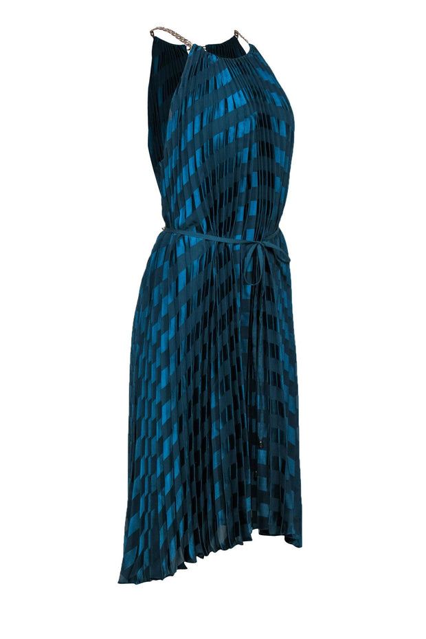Current Boutique-Ted Baker - Emerald Green Pleated Satin Striped Maxi Dress w/ Chain Straps Sz 12