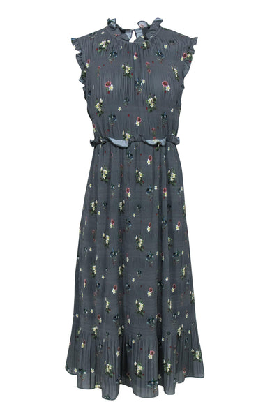 Current Boutique-Ted Baker - Grey Floral Print Smocked Sleeveless Maxi Dress w/ Ruffles Sz 12